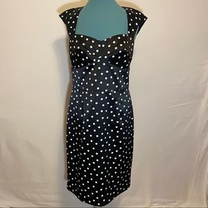 White House Black Market satin black and white polka-dot sheath dress size12 WT